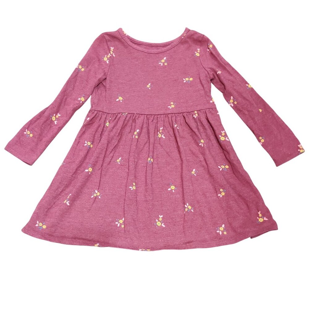 Cat & Jack Girls 4T Heathered Maroon Long Sleeve Dress Floral Print Cotton Kids